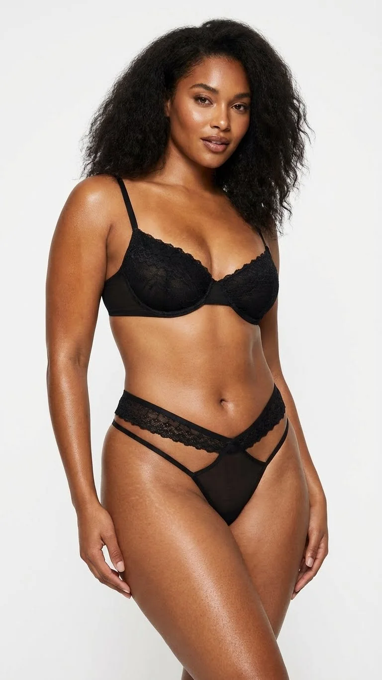 Siyah Dantel Bel Bantlı Tanga - Dantel Kumaş Detayı